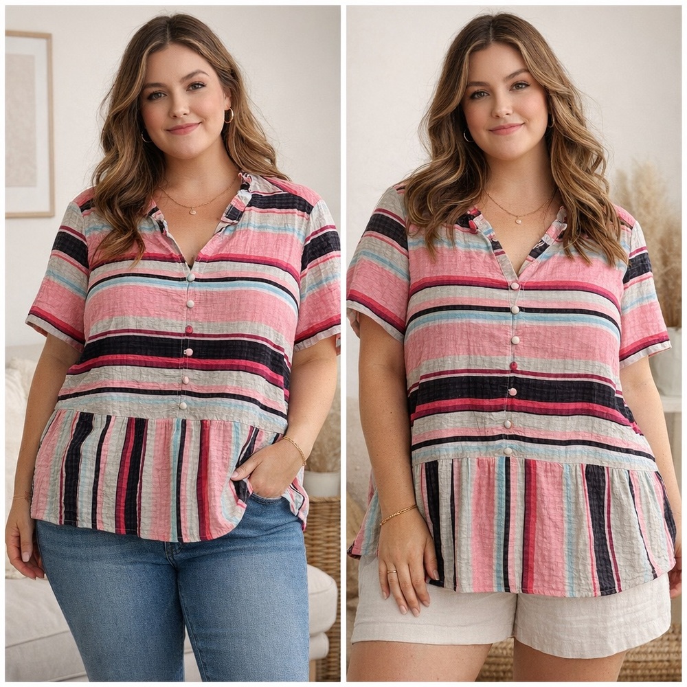 Lane Bryant Pink & Black Striped Button-Peplum Blouse
01-0015